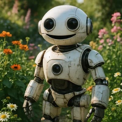 AI generated photorealistic style artwork showing a friendly robot in a garden - Free text to image generator result