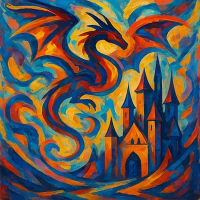 AI generated abstract art style artwork showing a majestic dragon flying over a castle - Free text to image generator result