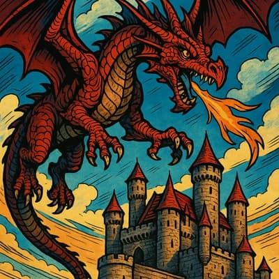 AI generated comic book style artwork showing a majestic dragon flying over a castle - Free text to image generator result