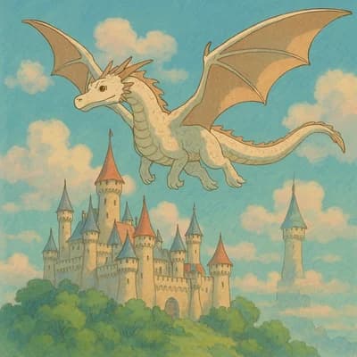 AI generated studio ghibli style artwork showing a majestic dragon flying over a castle - Free text to image generator result