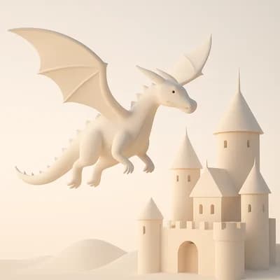 AI generated minimalist 3d style artwork showing a majestic dragon flying over a castle - Free text to image generator result