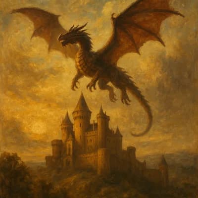 AI generated oil painting style artwork showing a majestic dragon flying over a castle - Free text to image generator result