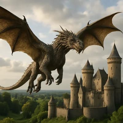 AI generated photorealistic style artwork showing a majestic dragon flying over a castle - Free text to image generator result
