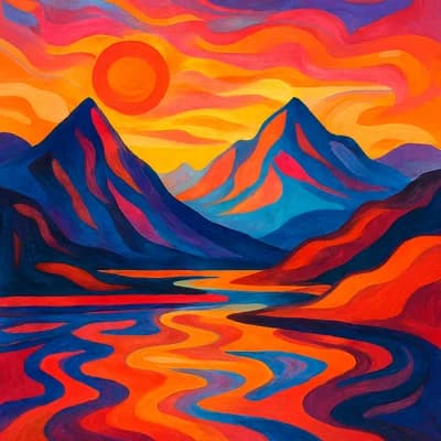 AI generated abstract art style artwork showing a serene mountain landscape at sunset - Free text to image generator result
