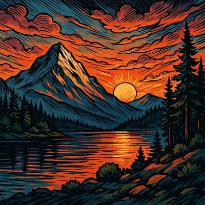 AI generated comic book style artwork showing a serene mountain landscape at sunset - Free text to image generator result