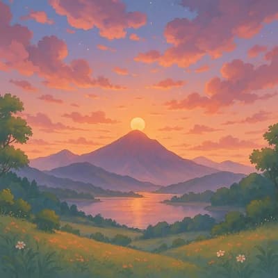 AI generated studio ghibli style artwork showing a serene mountain landscape at sunset - Free text to image generator result