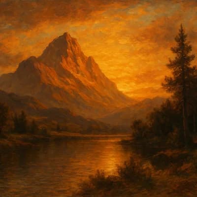 AI generated oil painting style artwork showing a serene mountain landscape at sunset - Free text to image generator result