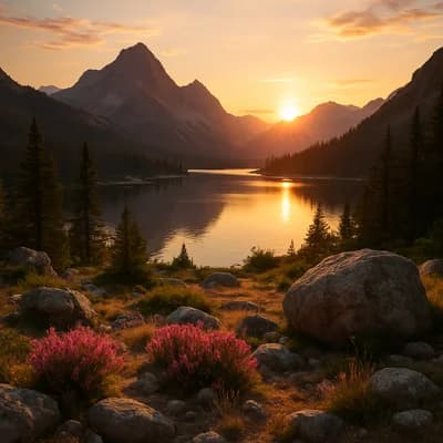 AI generated photorealistic style artwork showing a serene mountain landscape at sunset - Free text to image generator result
