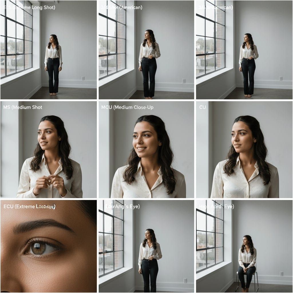 Professional 3x3 cinematic contact sheet with 9 camera angles