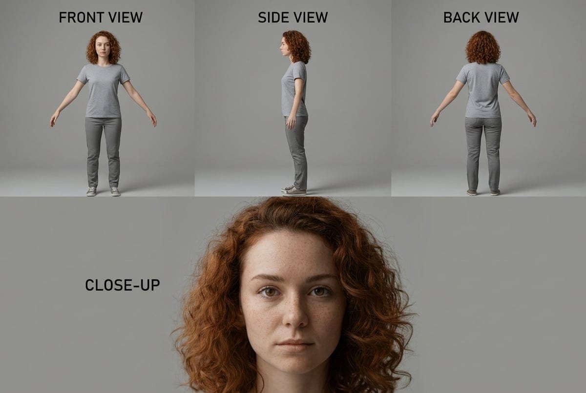 Character turnaround sheet showing front side back views and face close-up