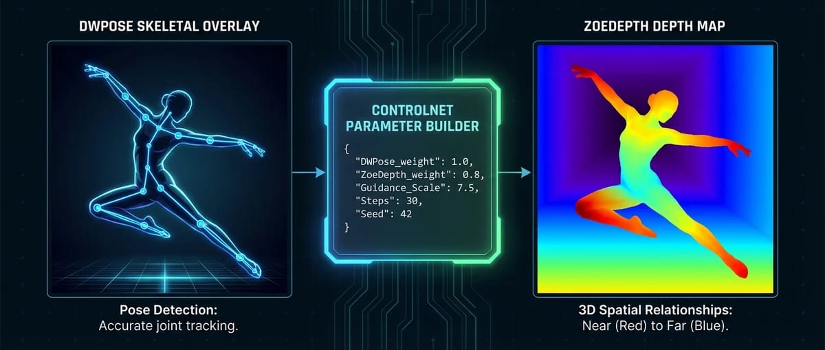 Nano Banana ControlNet Parameter Builder - DWPose pose control and ZoeDepth depth map visualization