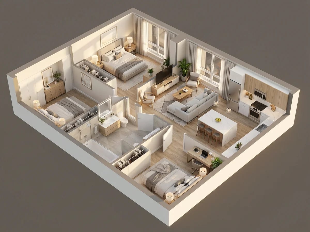 3D floor plan rendering showing modern apartment with furniture