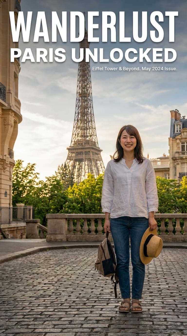 AI-generated travel poster with magazine cover style showing person at destination