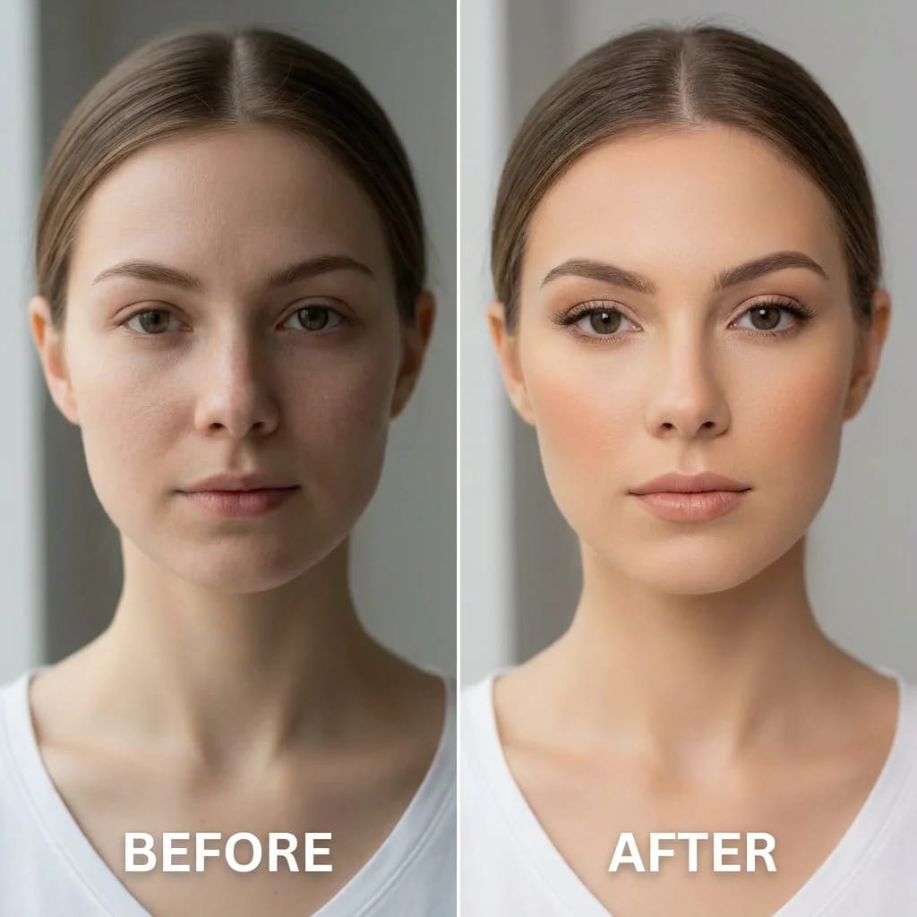 Before and after makeup transformation - AI generated comparison showing natural to glamorous look