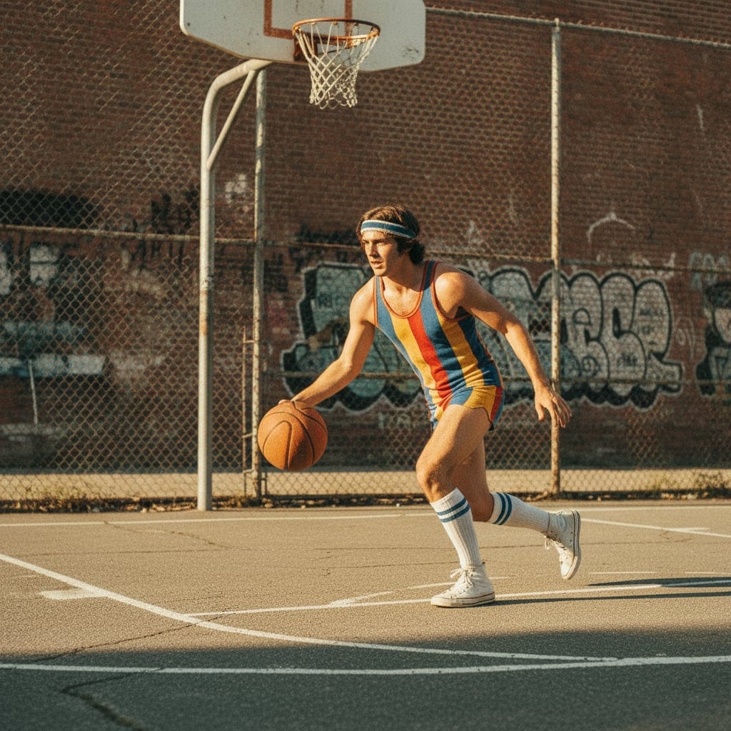 1970s sports photography transformation - vintage basketball court with analog film grain