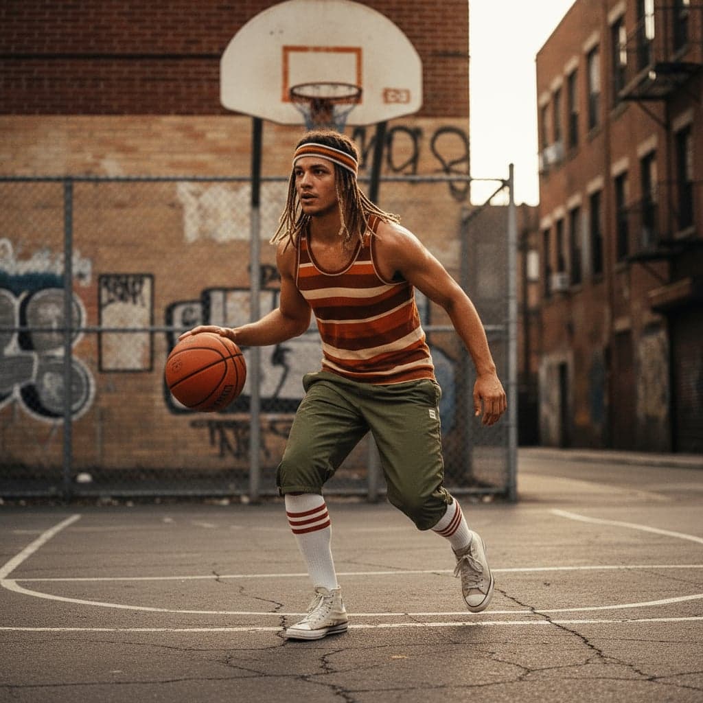 1970s sports photography transformation - 1970s sports photography generator golden hour - dramatic shadows on court