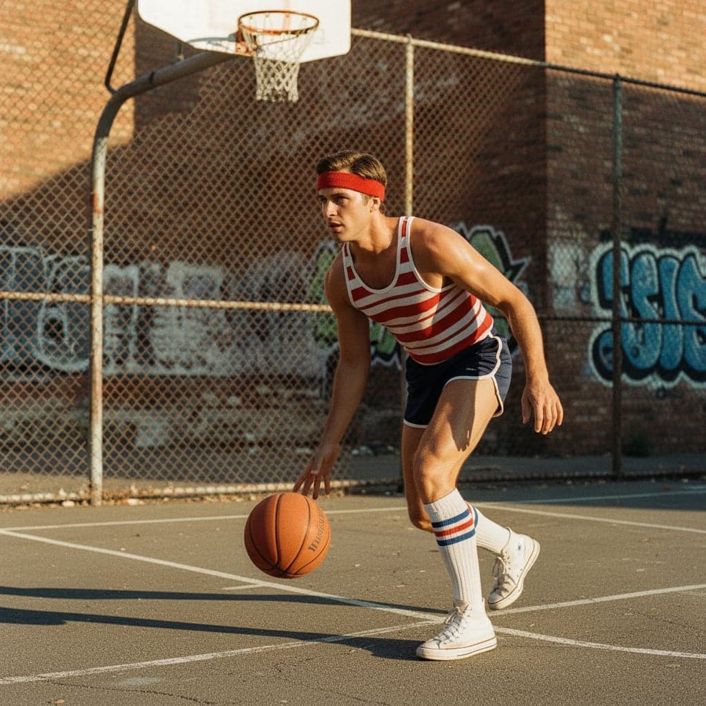 1970s sports photography transformation - 1970s sports photography generator urban setting - graffiti and chain-link fence