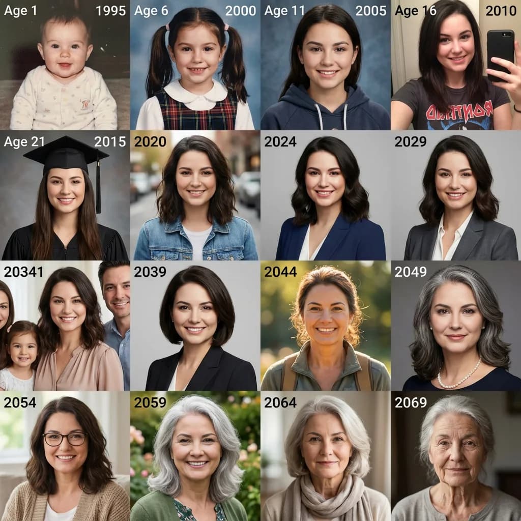 Age progression timeline showing a woman at 16 different ages from baby to 76 with aged face styling