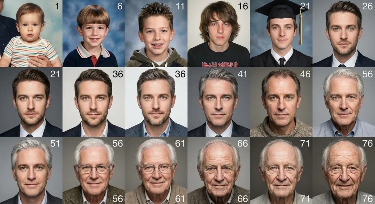 Age progression timeline showing a man at 16 different ages from baby to 76 - face aging example
