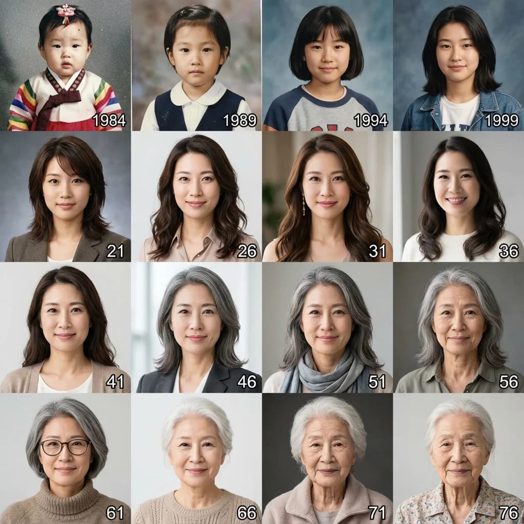 Age progression timeline showing diverse ethnicity at 16 different ages - aged face transformation