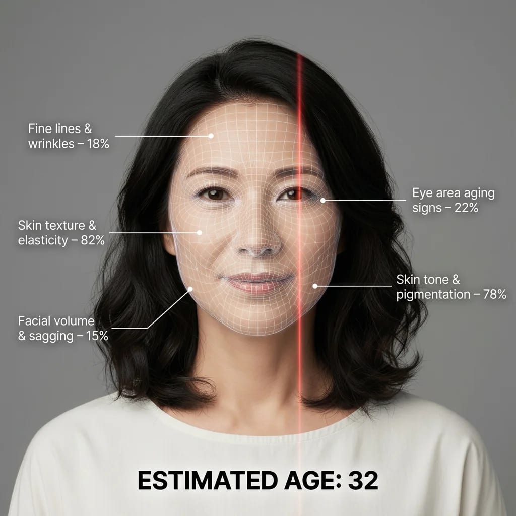AI skin analysis portrait with facial grid and aging metrics