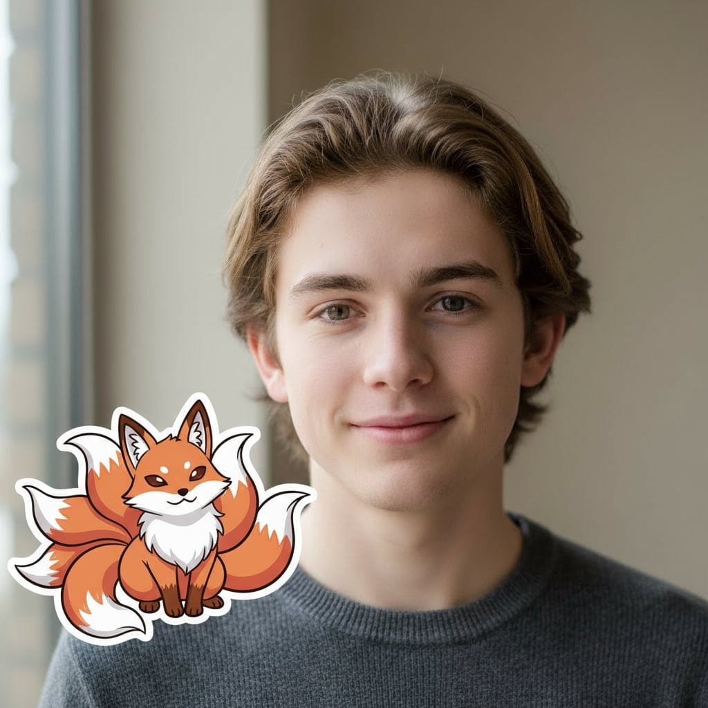 Anime hybrid portrait example - realistic person with anime companion