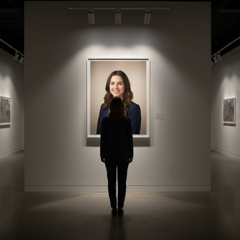 Gallery with realistic lighting illuminating both observer and portrait