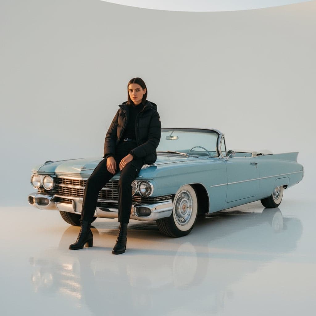 Vintage classic car lifestyle photography at beach coastline during sunset