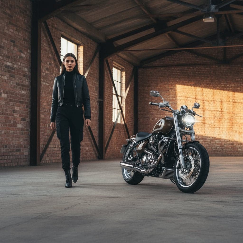 Motorcycle lifestyle photography on desert highway at sunset