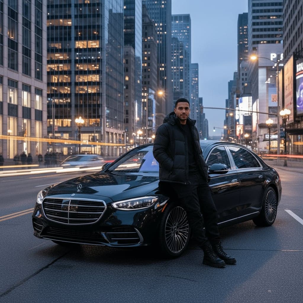Luxury sedan automotive lifestyle photography in urban neon night scene
