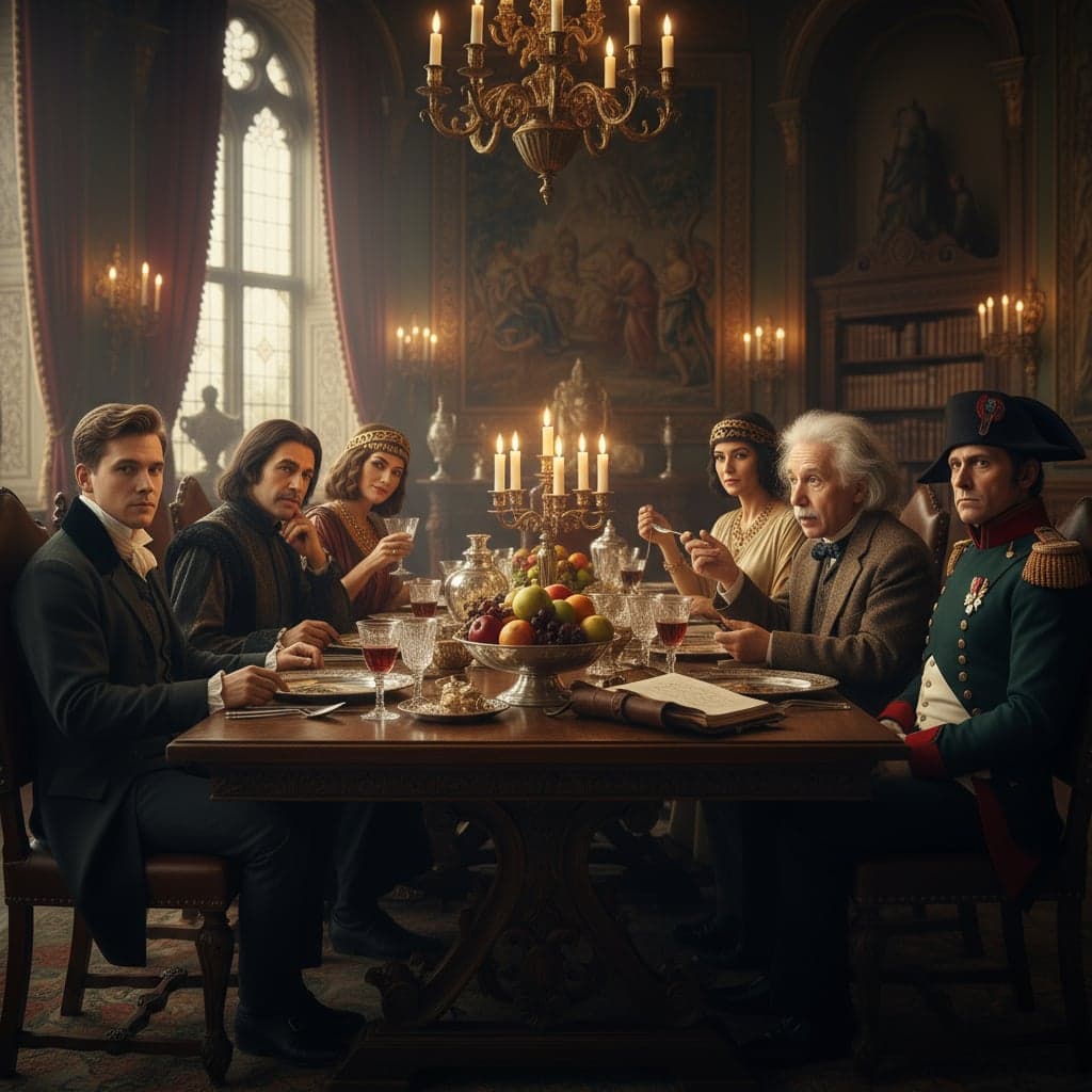 Historical Figures Dinner example - cinematic scene with famous characters