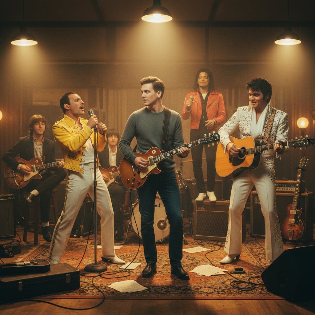 Music Legends Jam Session example - cinematic scene with famous characters