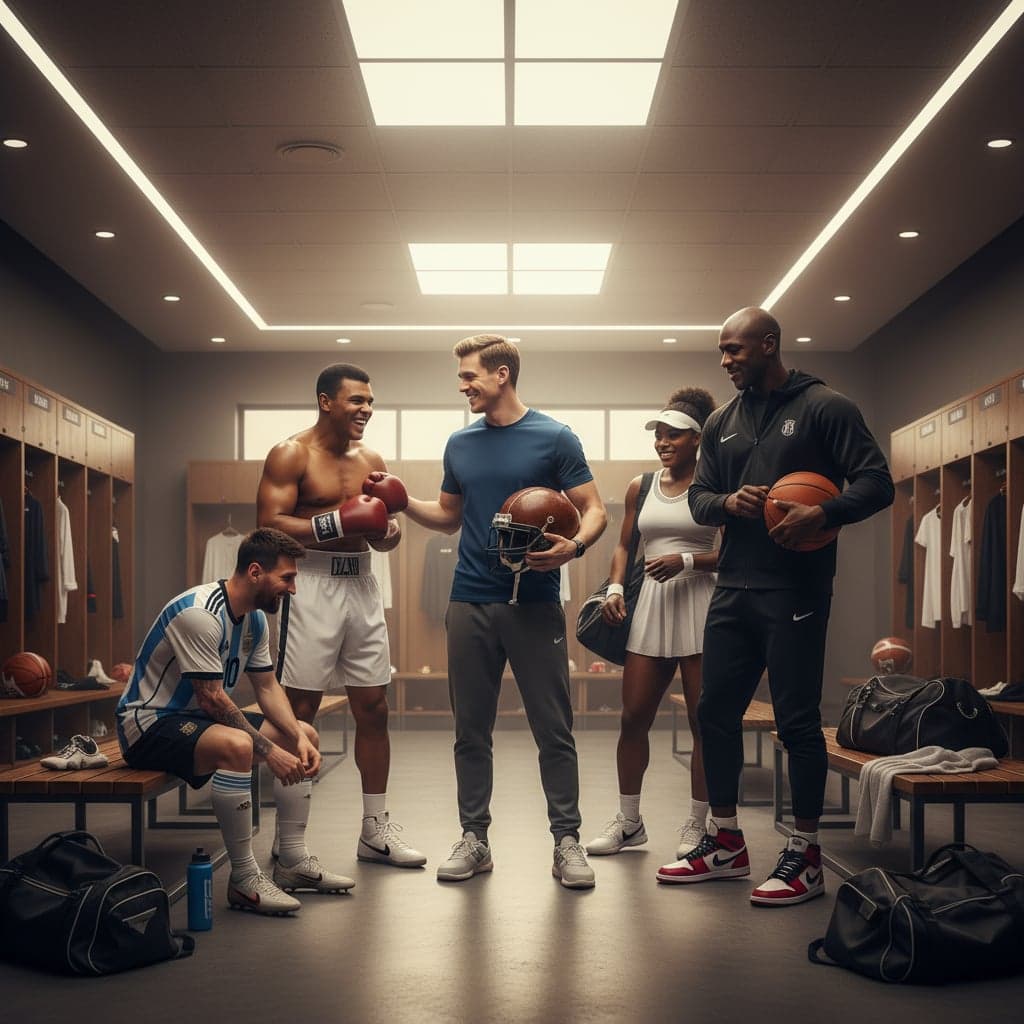 Sports Icons Locker Room example - cinematic scene with famous characters