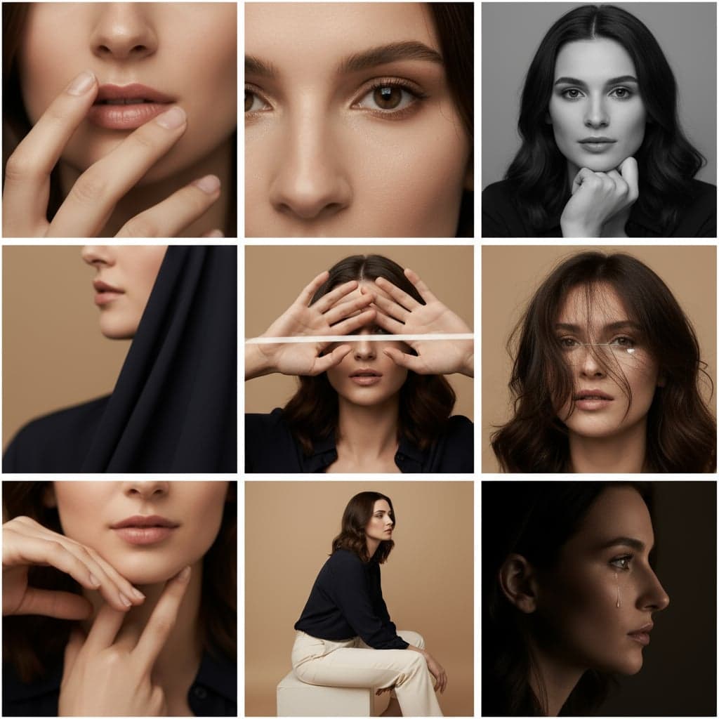 Fashion editorial 3x3 grid example 1 - Professional portrait transformation