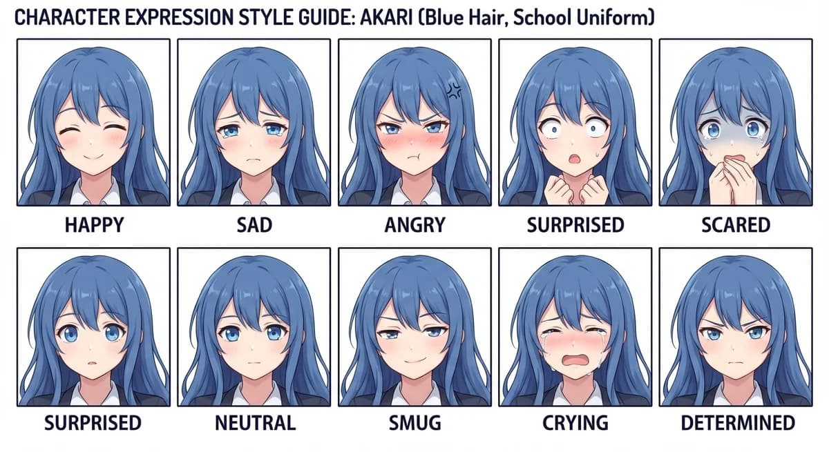 Anime character expression sheet showing 9 different emotions including happy, sad, angry, and surprised