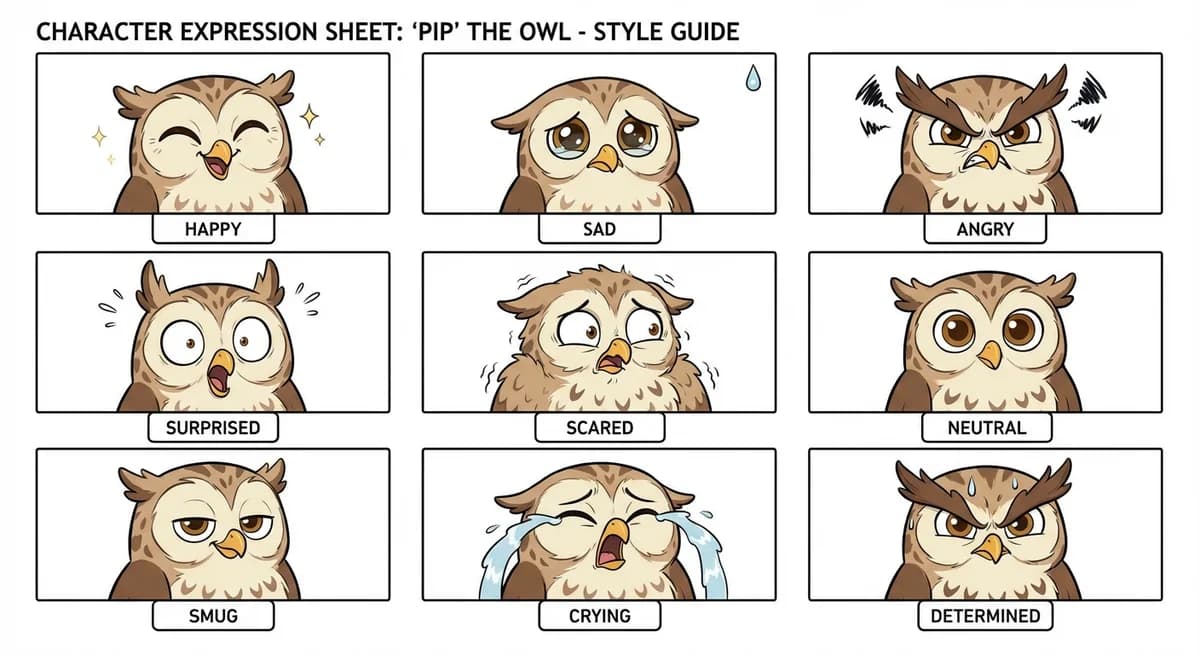 Owl character expression sheet showing various emotions in a consistent art style