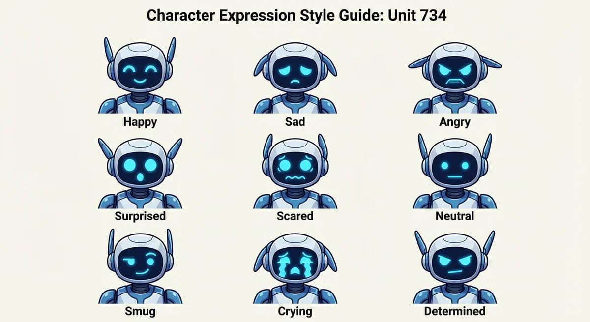 Robot character expression sheet demonstrating how mechanical characters can show emotions