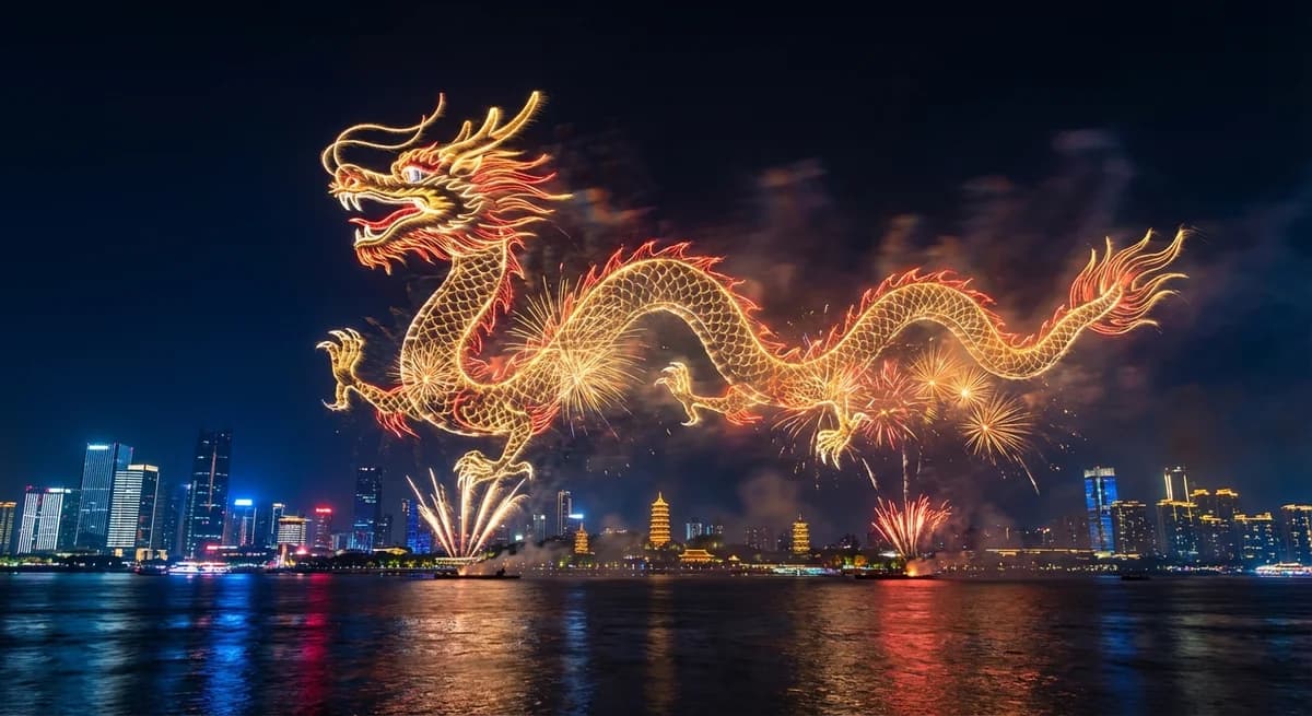 Chinese dragon formed by golden fireworks for Lunar New Year