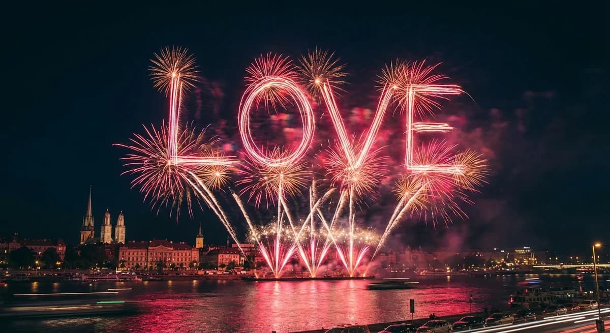 Romantic fireworks spelling LOVE with pink and red tones