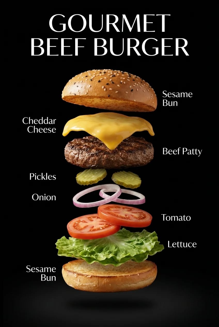 AI generated food advertisement poster showing Gourmet Beef Burger with floating ingredients and English labels