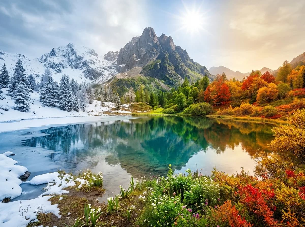 Alpine Lake - Four seasons art showing seasonal transitions