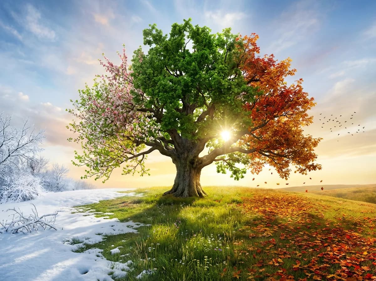 Solitary Oak Tree - Four seasons art showing seasonal transitions