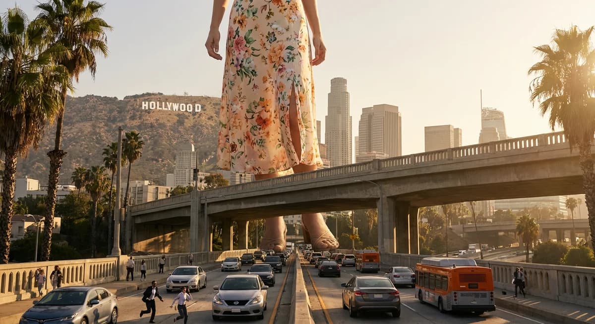 Giant person stepping over bridge in Los Angeles
