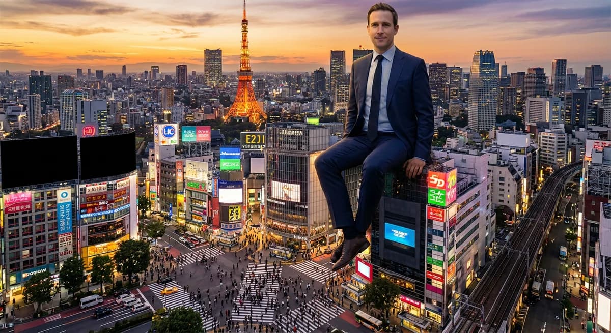 Giant person sitting on Tokyo Tower