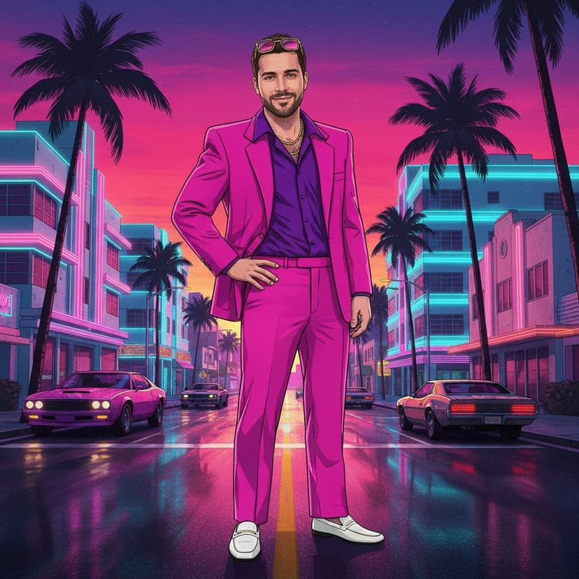 GTA filter result - Male portrait with neon Ocean Drive background
