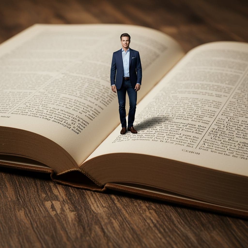 Hyper-miniature transformation - Miniature person standing on open book with realistic page texture and lighting