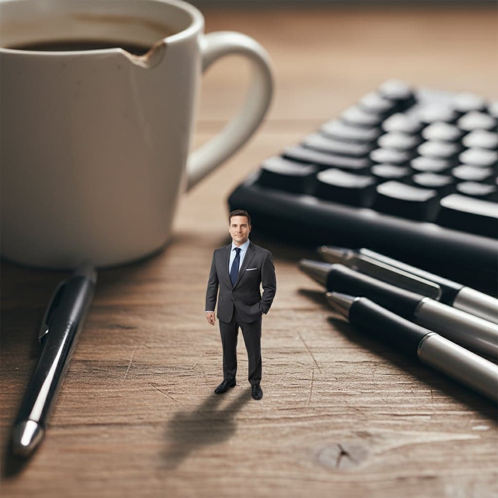 Hyper-miniature transformation - Hyper-realistic miniature person on desk next to coffee mug with accurate scale