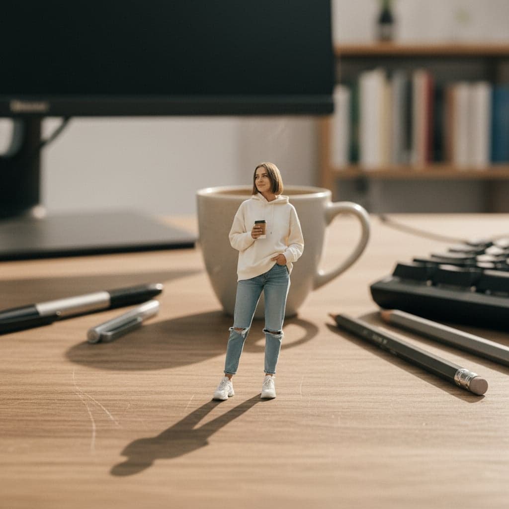 Hyper-miniature transformation - Miniature person walking on desk surface among office items with physics-accurate lighting