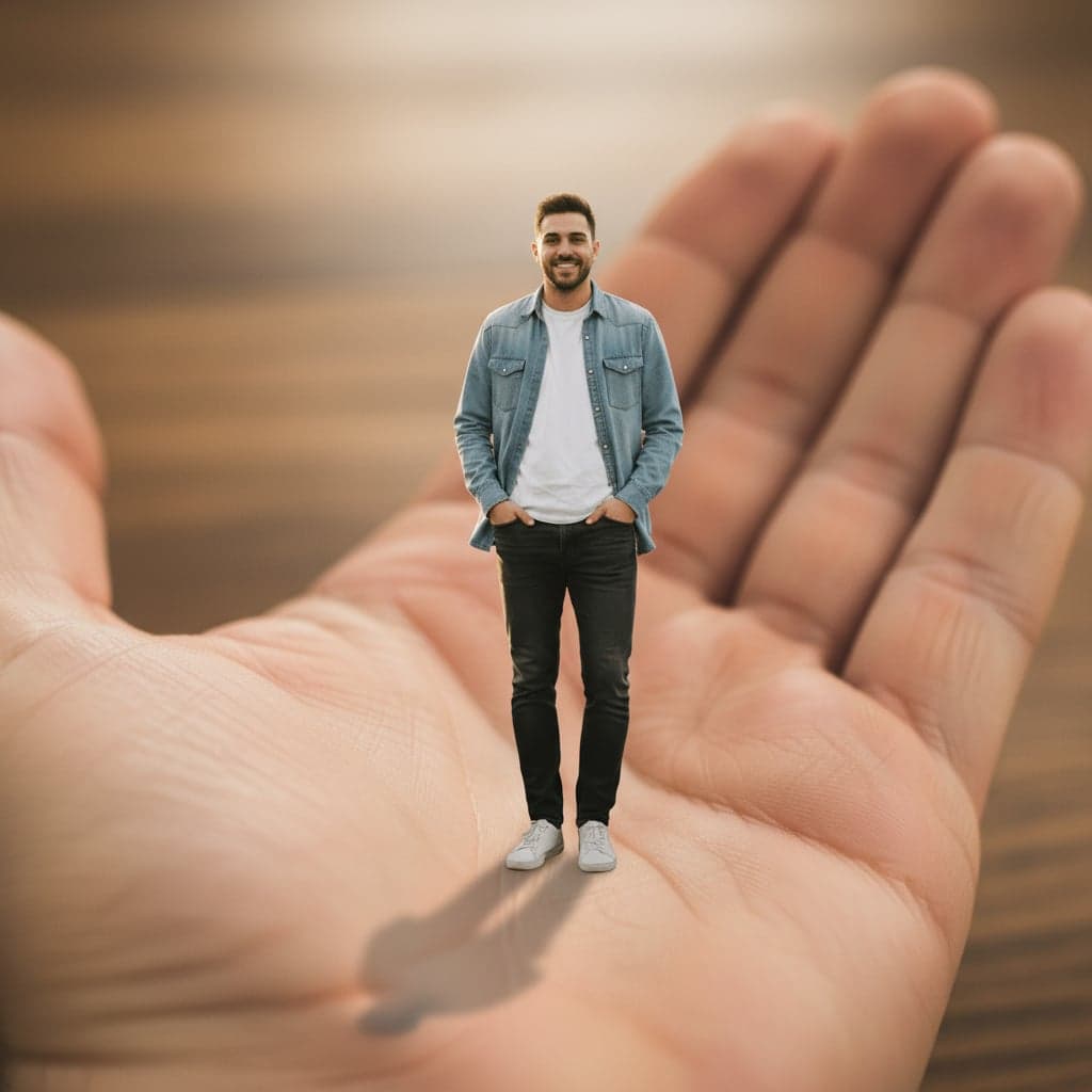 Hyper-miniature transformation - Tiny person balanced on fingertips with macro photography bokeh effect