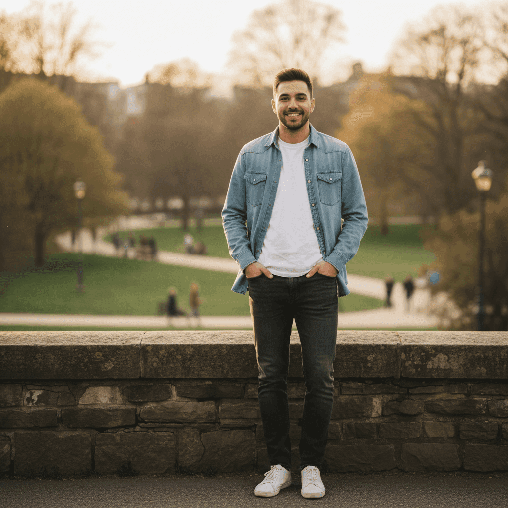 Tiny person balanced on fingertips with macro photography bokeh effect